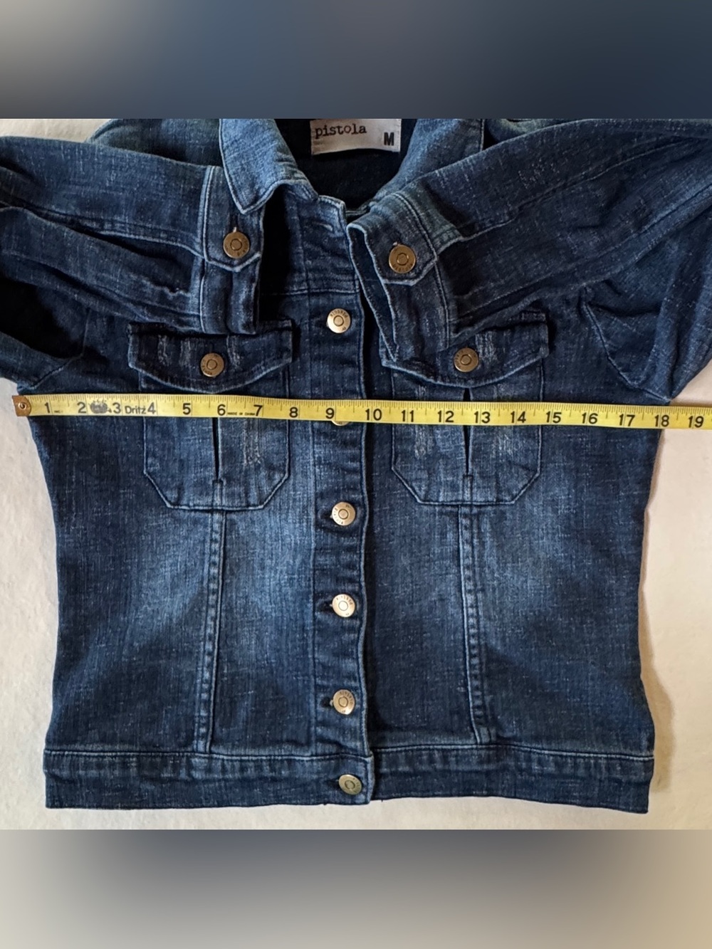 Pistola Blue Distressed Denim Button-Up Trucker Cropped Jean Jacket P5045N1 (M) - Picture 11 of 17